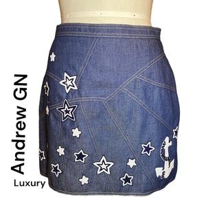 Luxury Designer Andrew GN | Resort Mini Skirt w/ Glass Bead Stars Denim 4th July
